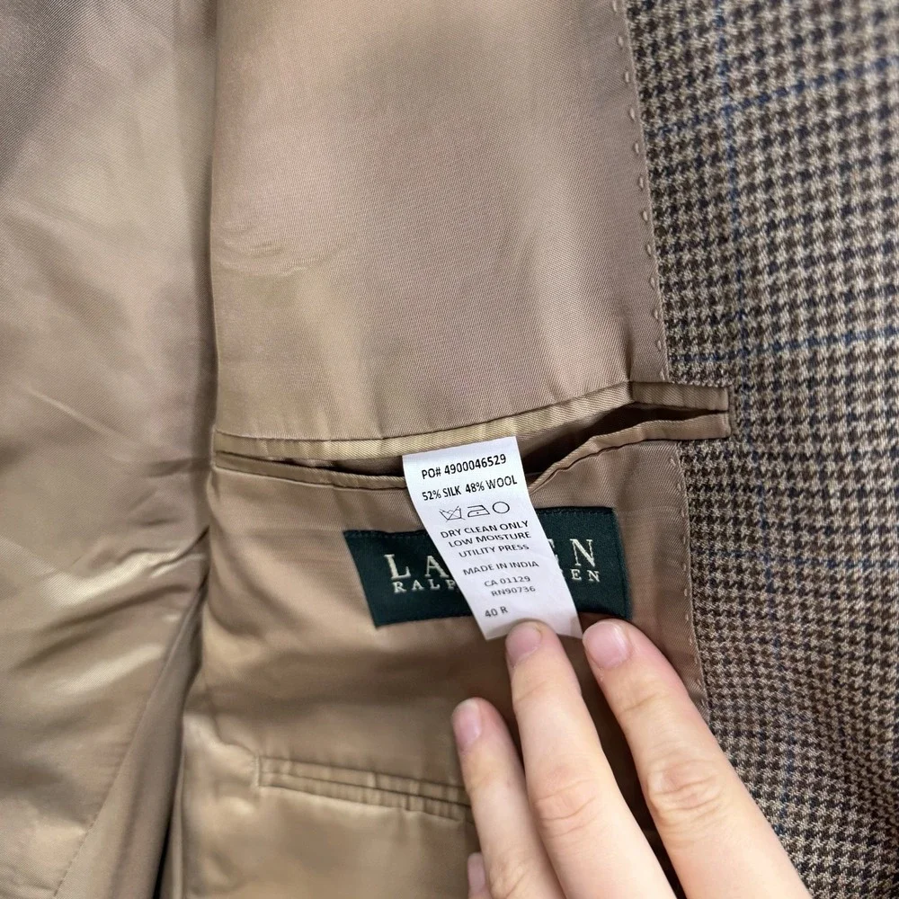 Lauren Ralph Lauren Blazer Sport Coat Mens 40R Beige Blue Houndstooth Silk Wool